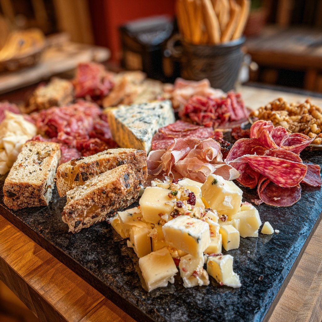 Tábua elegante com queijos e charcutaria