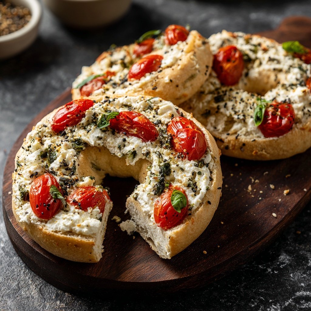 Bagels de requesón com tomate manjericão