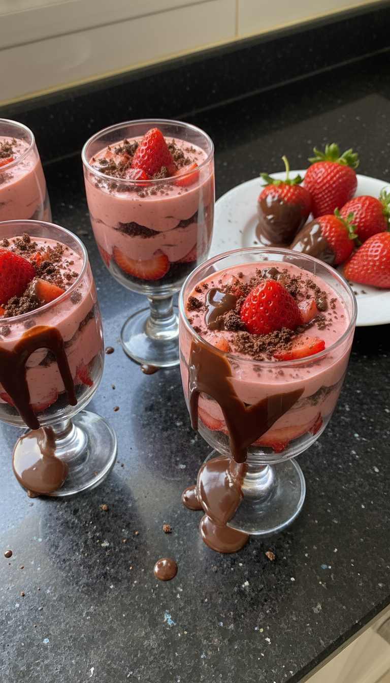 Taças de amor de morango com chocolate