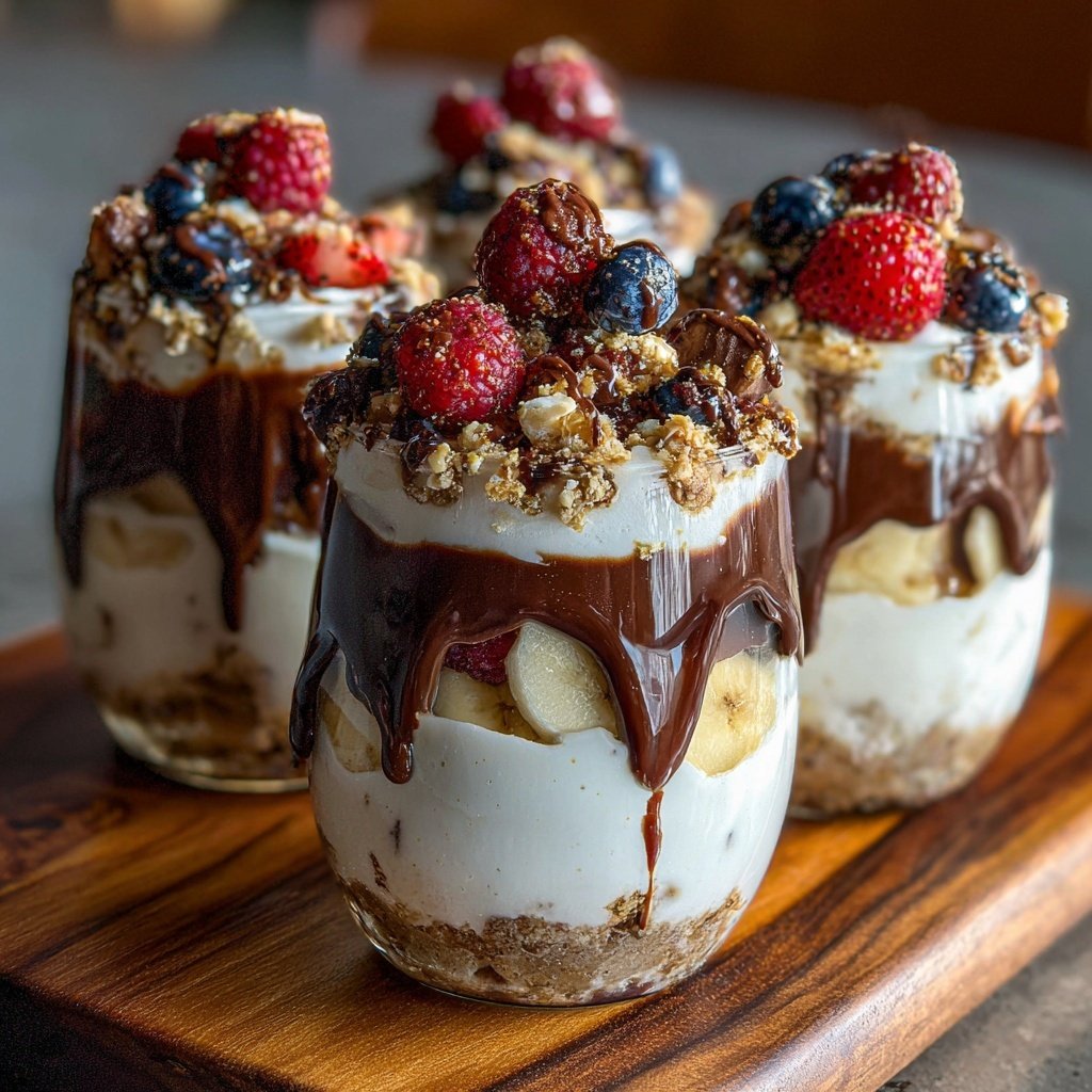 Taças de iogurte congelado com chocolate pingando