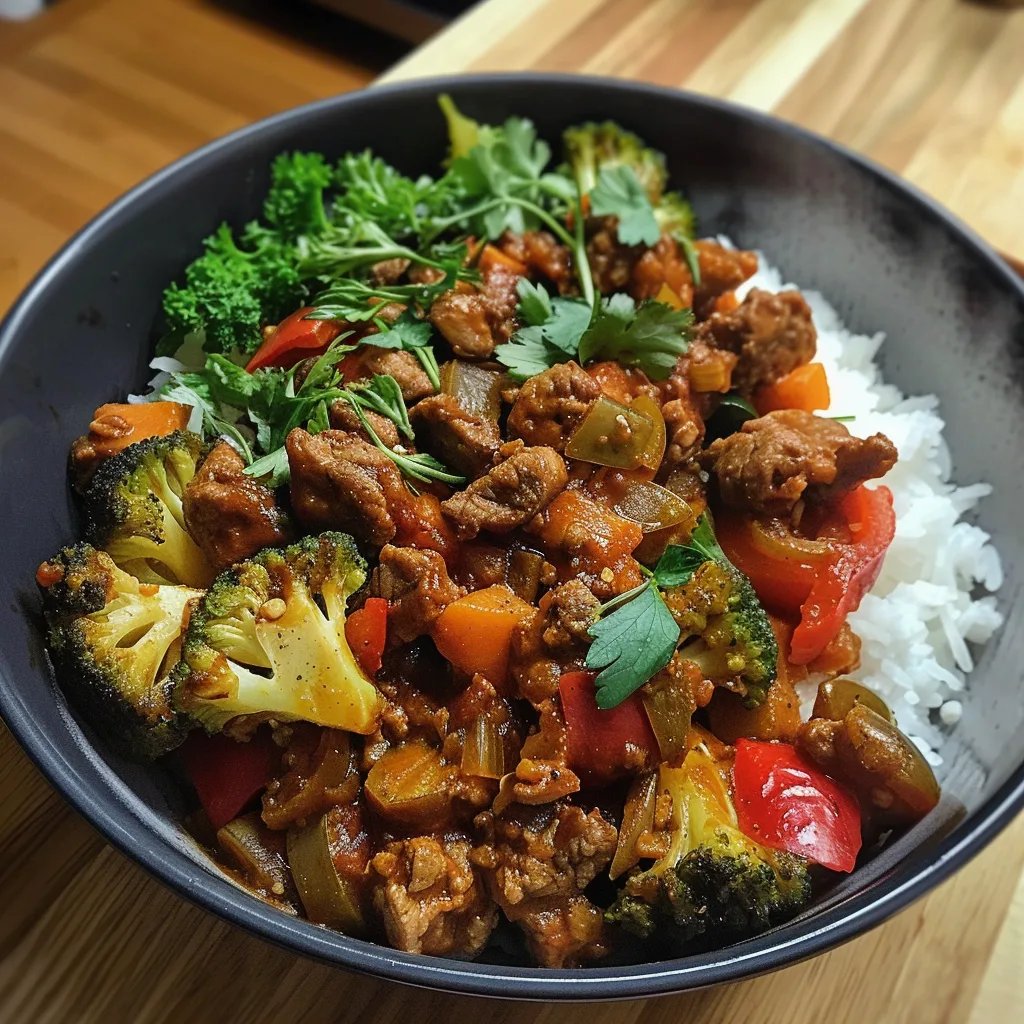 Tigela de carne moída picante salteada com legumes ao alho e arroz fumegante