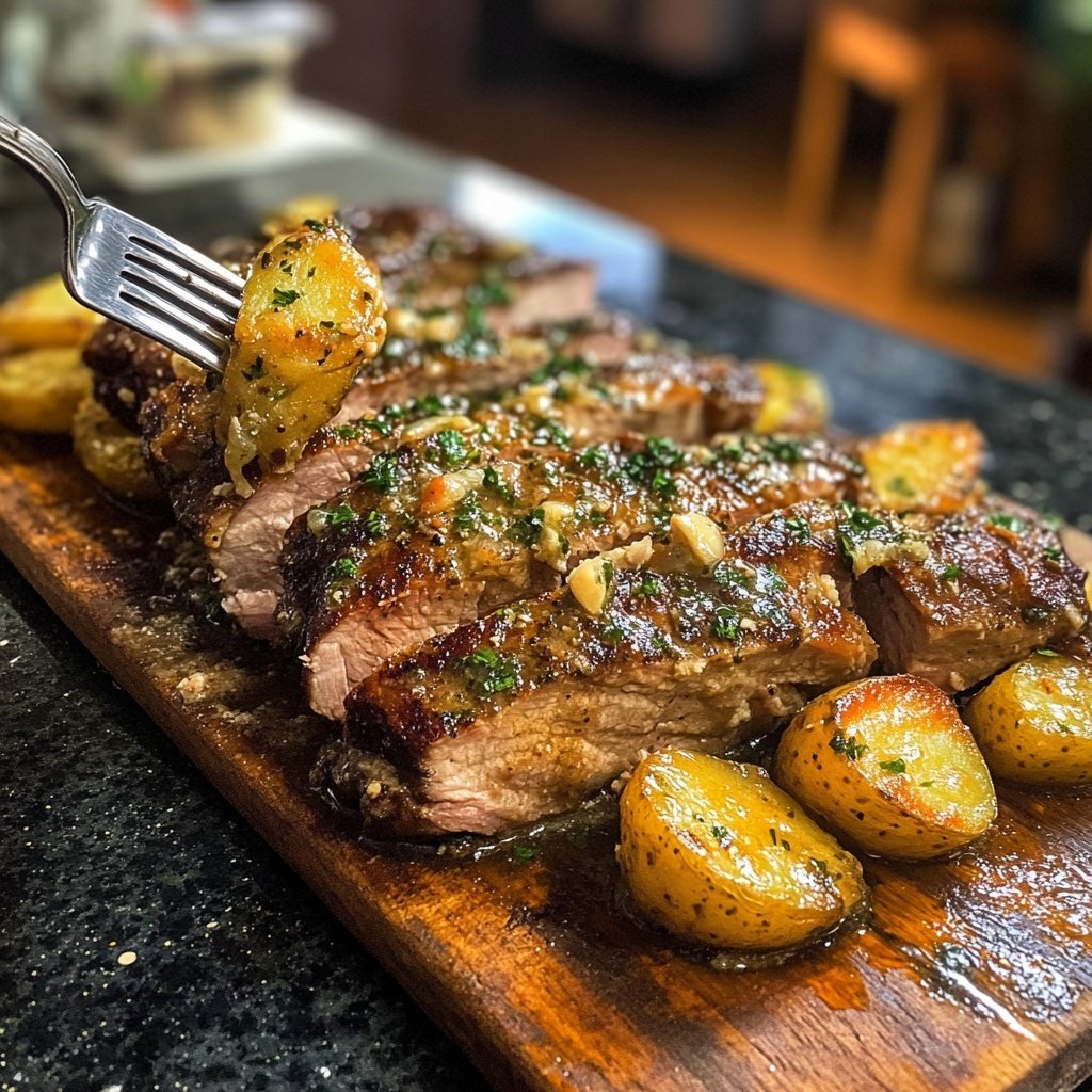 Churrasco ao molho de manteiga e alho com batatas salteadas