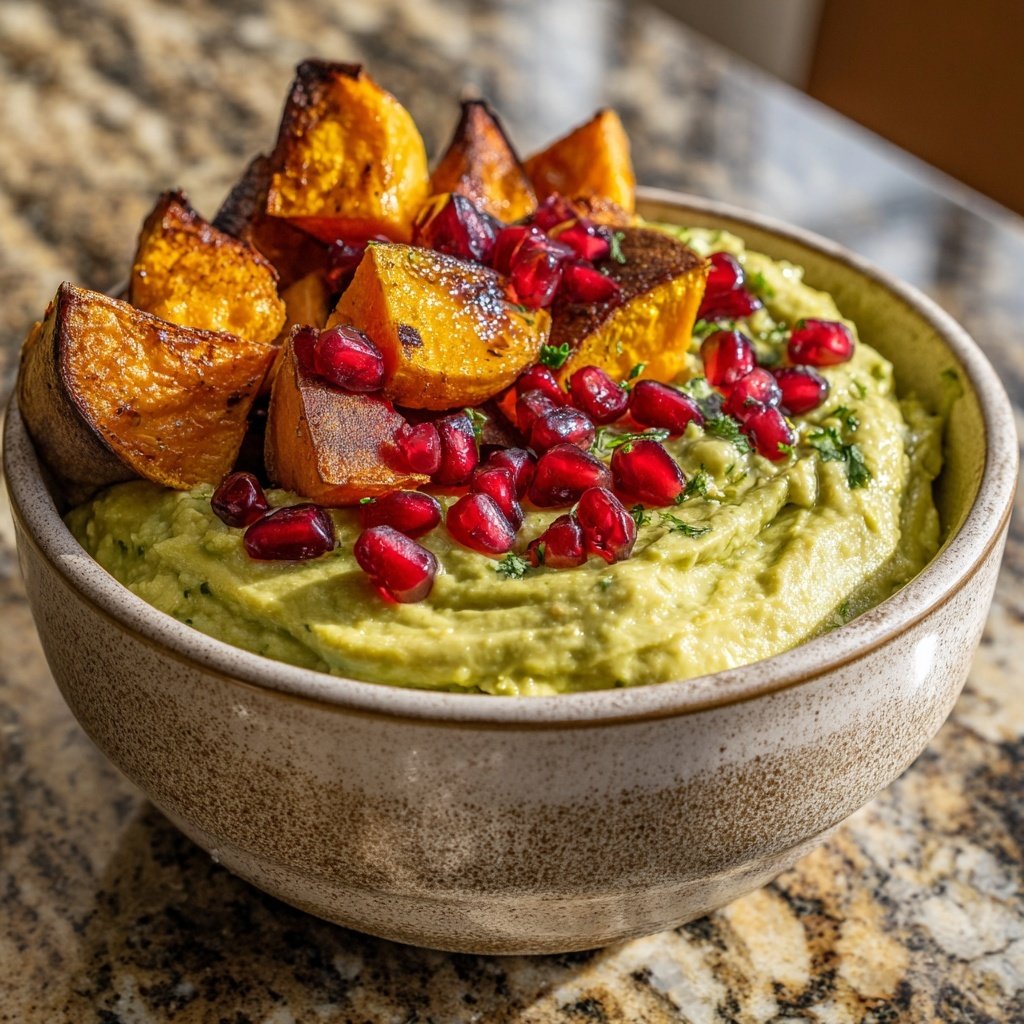 Tigela abacate romã batata-doce